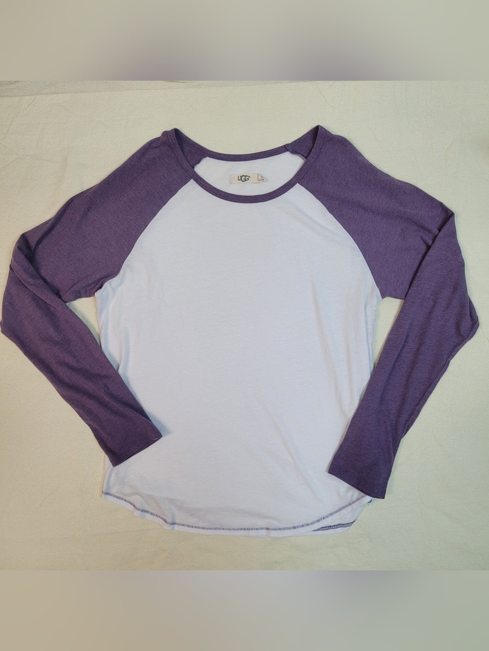 UGG Raglan White Tee with Purple Long Sleeves, Baseball Tee, casual Womens Med